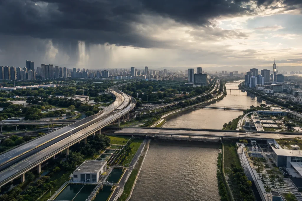 Cidade contemporânea com infraestrutura resiliente diante de chuva intensa e clima extremo.