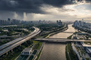 Cidade contemporânea com infraestrutura resiliente diante de chuva intensa e clima extremo.