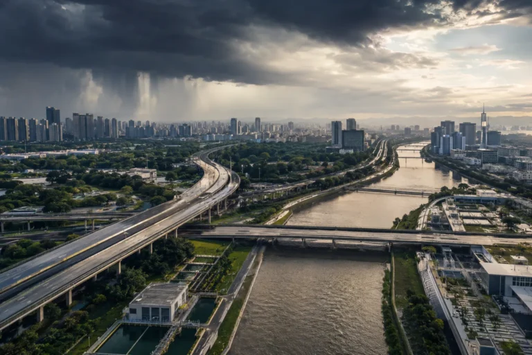 Cidade contemporânea com infraestrutura resiliente diante de chuva intensa e clima extremo.
