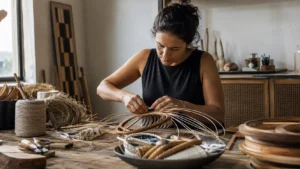 Artesã trabalha manualmente em peça de fibras naturais e madeira em ateliê contemporâneo.