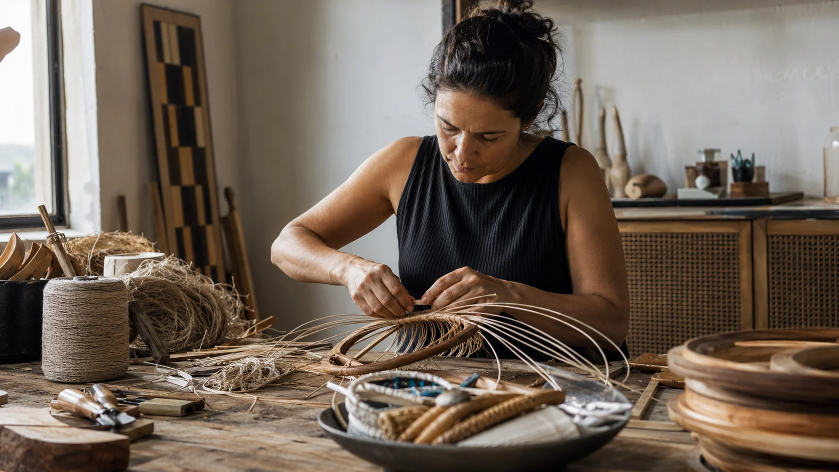 Artesã trabalha manualmente em peça de fibras naturais e madeira em ateliê contemporâneo.