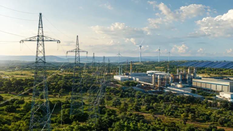 Linhas de transmissão conectam fontes renováveis a um complexo industrial em paisagem brasileira