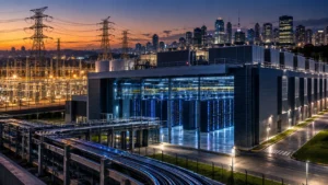 Representação conceitual da inteligência artificial e seus impactos na economia brasileira, com infraestrutura energética e data centers.