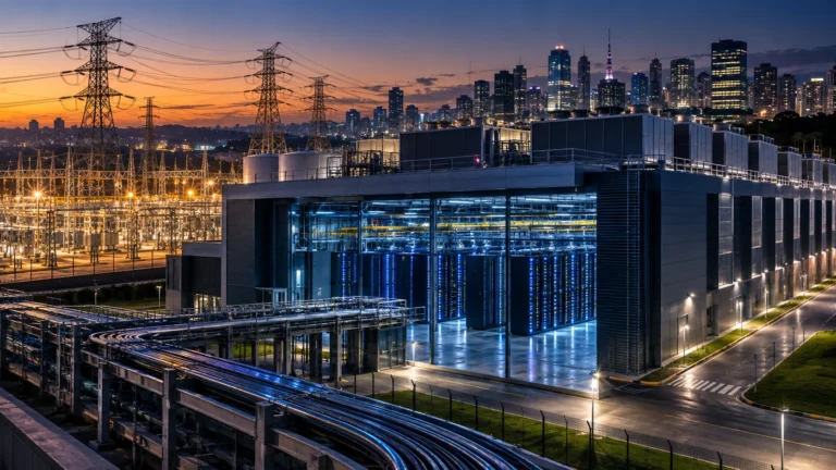 Representação conceitual da inteligência artificial e seus impactos na economia brasileira, com infraestrutura energética e data centers.