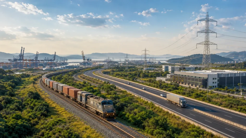 Ferrovia, rodovia, porto e linhas de transmissão integrados em uma paisagem industrial brasileira.