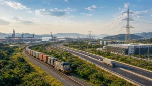 Ferrovia, rodovia, porto e linhas de transmissão integrados em uma paisagem industrial brasileira.