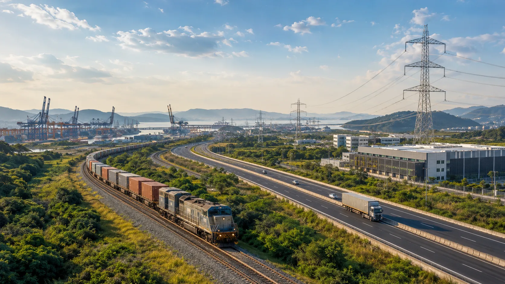 Ferrovia, rodovia, porto e linhas de transmissão integrados em uma paisagem industrial brasileira.