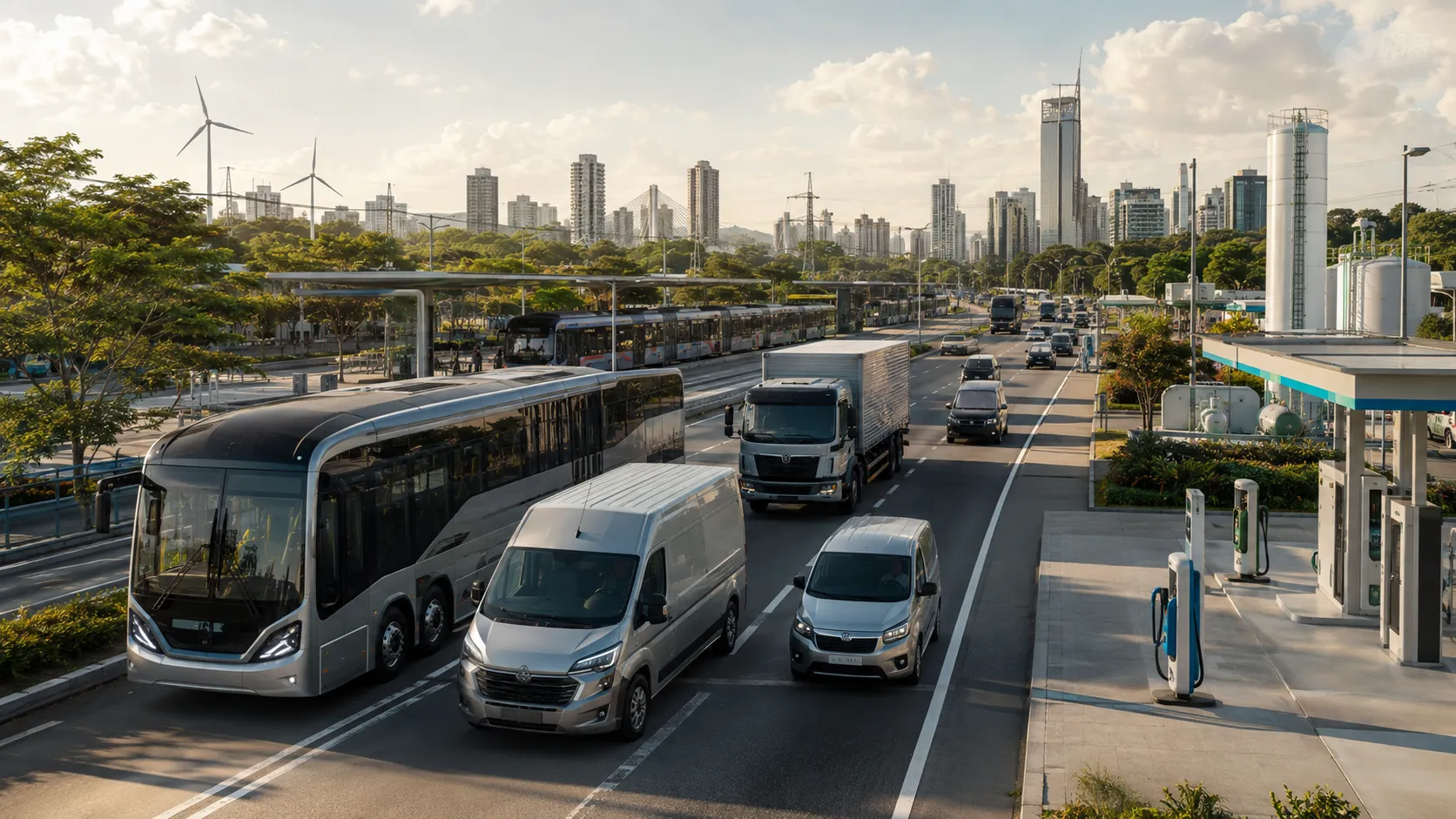 Ônibus elétrico, veículos comerciais e caminhão circulam por avenida urbana brasileira com infraestrutura de recarga e transporte coletivo.
