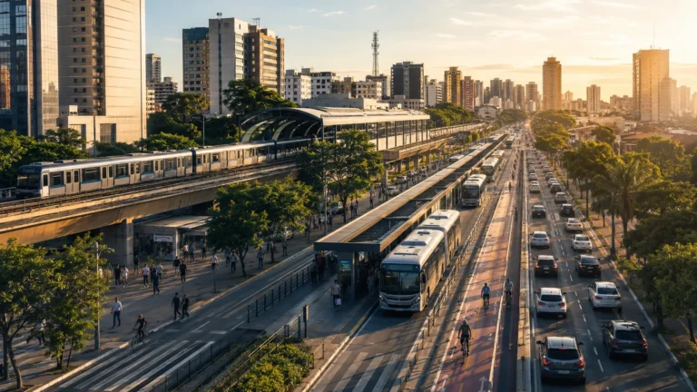 Mobilidade urbana integrada com ônibus, metrô, carros, ciclistas e pedestres em uma grande cidade brasileira.