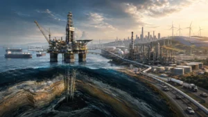 Representação conceitual da história do petróleo e seu impacto na economia, indústria, geopolítica e futuro energético.