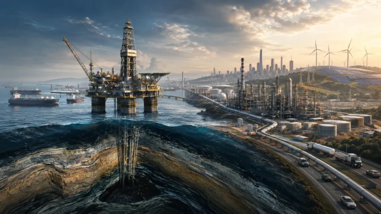 Representação conceitual da história do petróleo e seu impacto na economia, indústria, geopolítica e futuro energético.