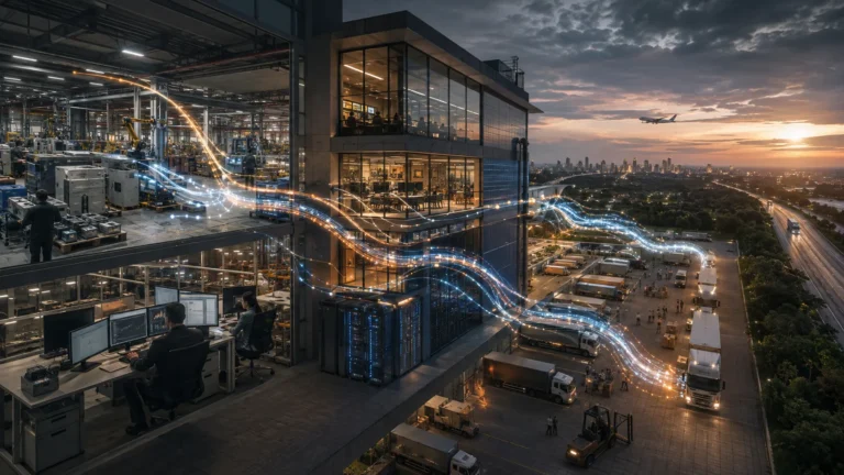 Complexo industrial e corporativo integrado a sistemas digitais, servidores e transporte de cargas, representando os impactos estruturais da reforma tributária nas empresas brasileiras.