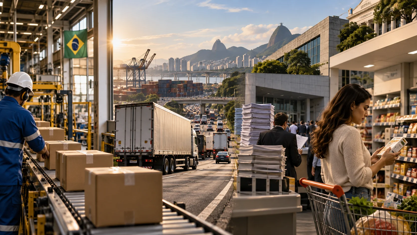 Cadeia produtiva brasileira conecta fábrica, transporte, burocracia, comércio e consumidor.