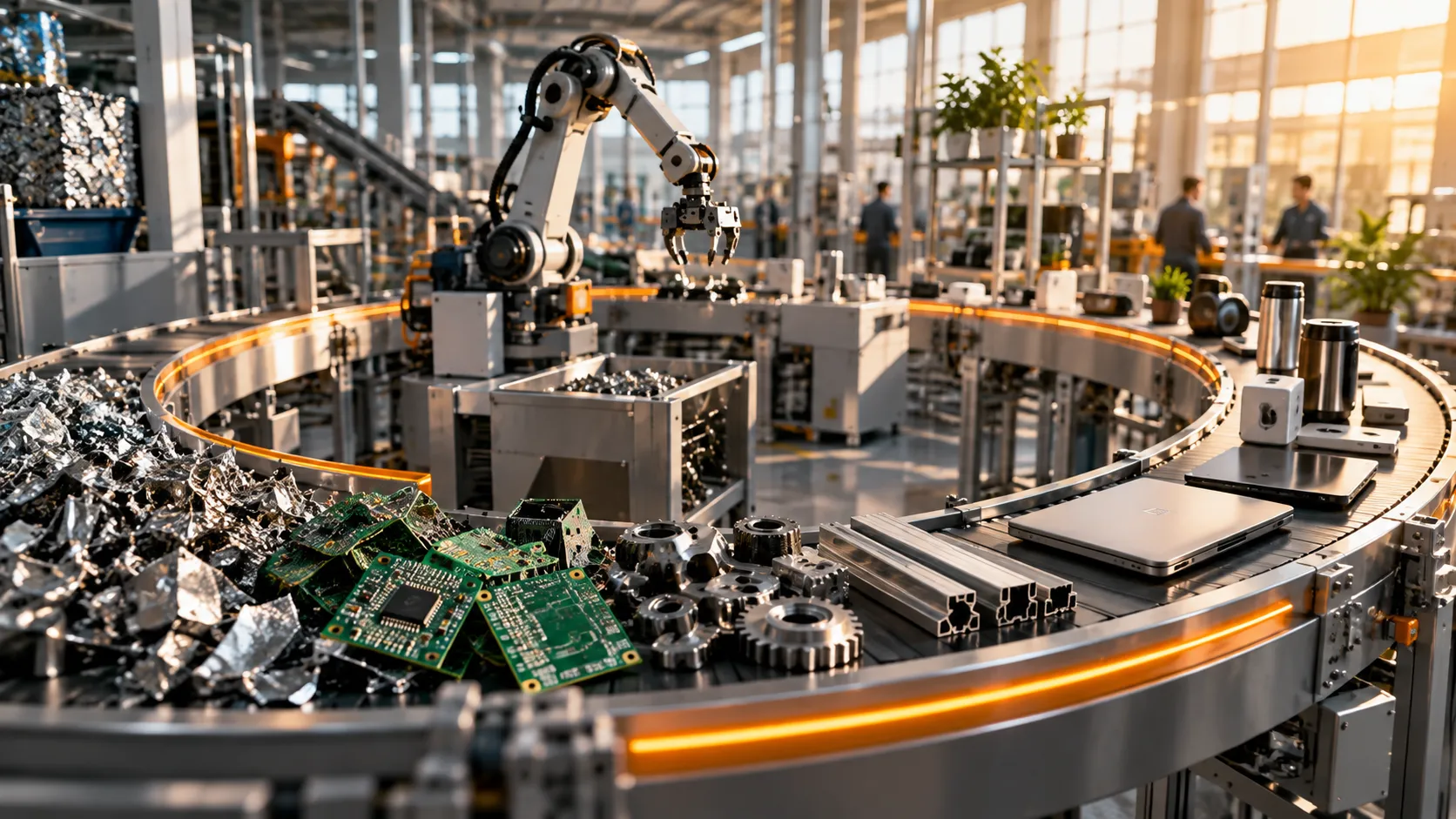 Instalação industrial com produtos, componentes e materiais circulando em um sistema de produção circular.