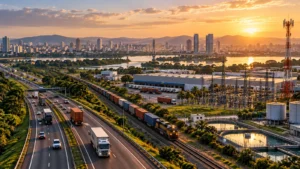 Vista aérea de infraestrutura integrada com rodovia, ferrovia, centro logístico, rede elétrica e cidade ao fundo.