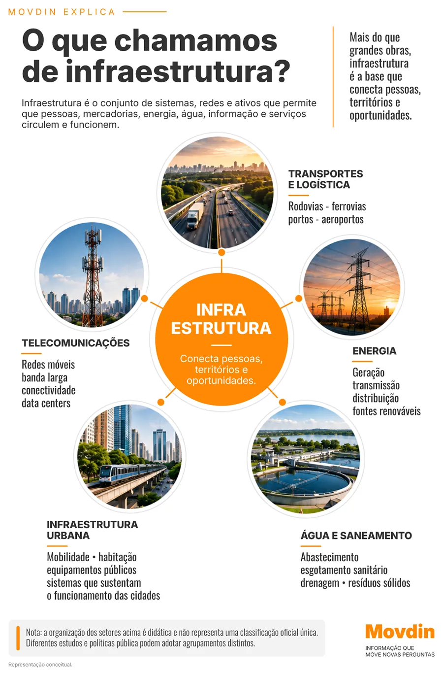 Diagrama mostra os principais tipos de infraestrutura, como transporte, energia, telecomunicações, infraestrutura urbana e saneamento.