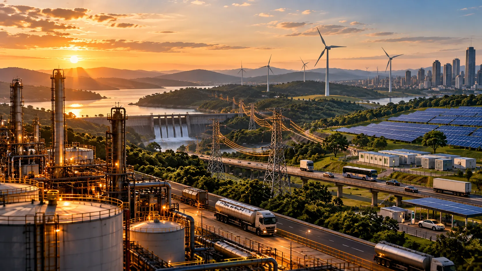 Paisagem energética mostra refinaria, hidrelétrica, linhas de transmissão, painéis solares, turbinas eólicas e transporte integrados em um sistema em transformação.